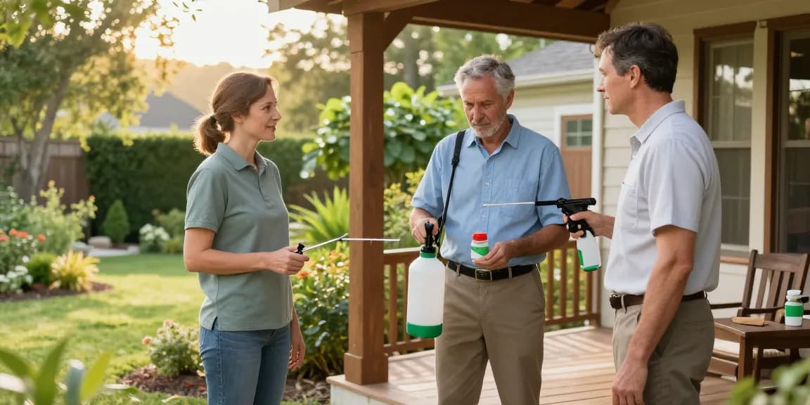 Termite Control with Herb expert applying eco-friendly pest solution around a home.