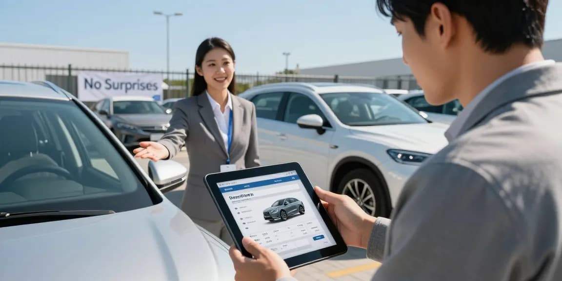 Car history check UK report being reviewed by a buyer in a dealership setting.