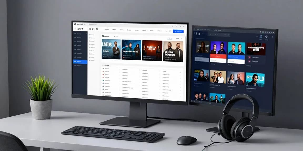 IPTV reseller dashboard displaying analytics and streaming channels on a modern tech workspace