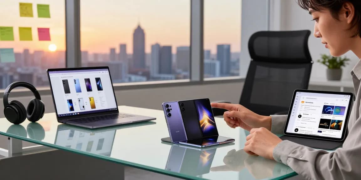 Professional workspace with user testing foldable phones 2026, showcasing the latest devices like Galaxy Z Fold 7.