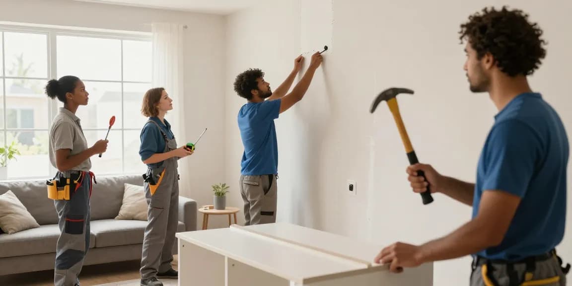 HubPro handyman services team repairing drywall and assembling furniture in a modern living room.