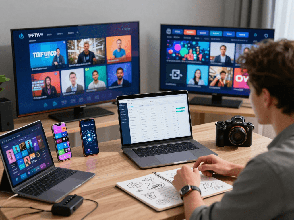 IPTV UK reseller dashboard on a sleek desk featuring analytics and streaming devices for efficient software management.