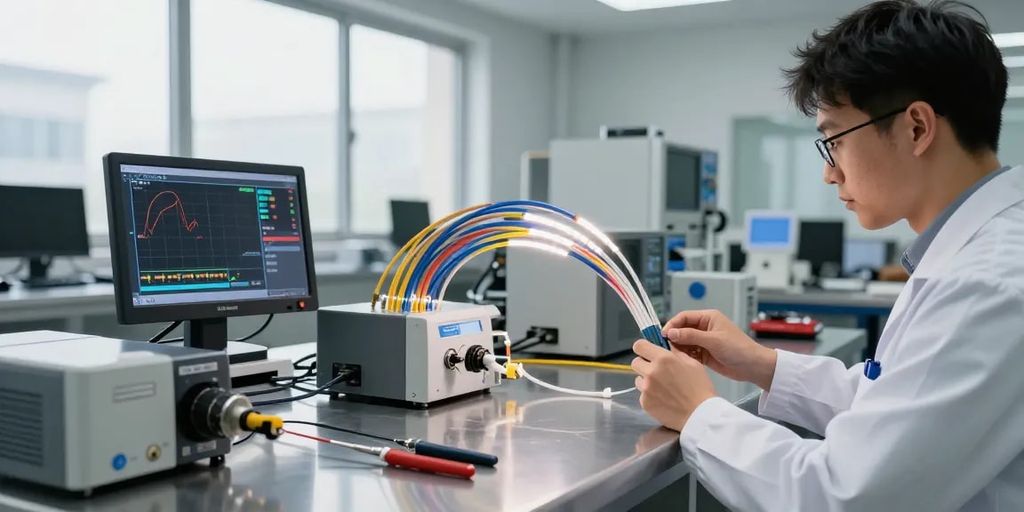 Engineer examining high-performance fiber optic cable assembly in a tech lab.