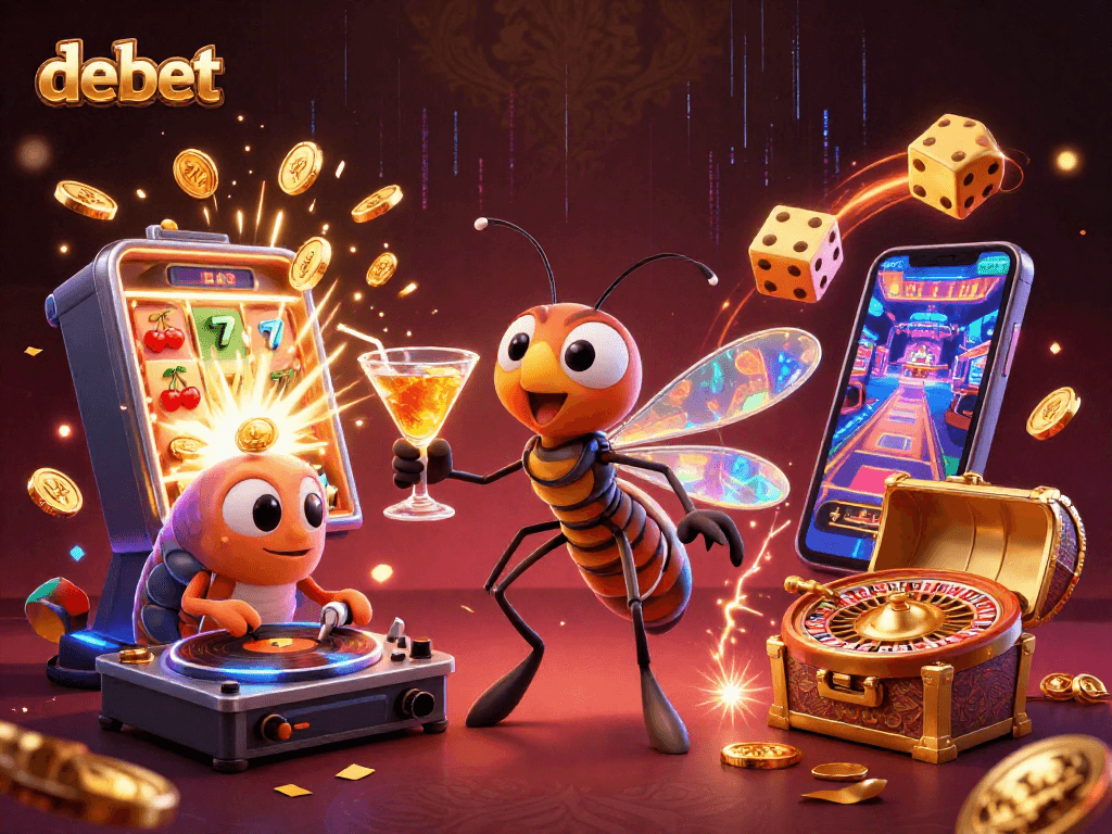 Experience the thrill of debet with a vibrant casino scene featuring a lively mascot and dazzling game elements.