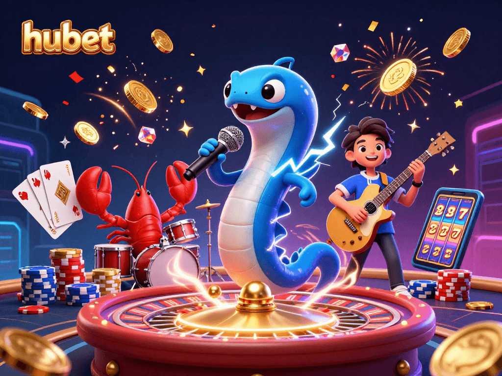 Experience thrilling games at hubet with an electric eel DJ and vibrant underwater casino atmosphere.