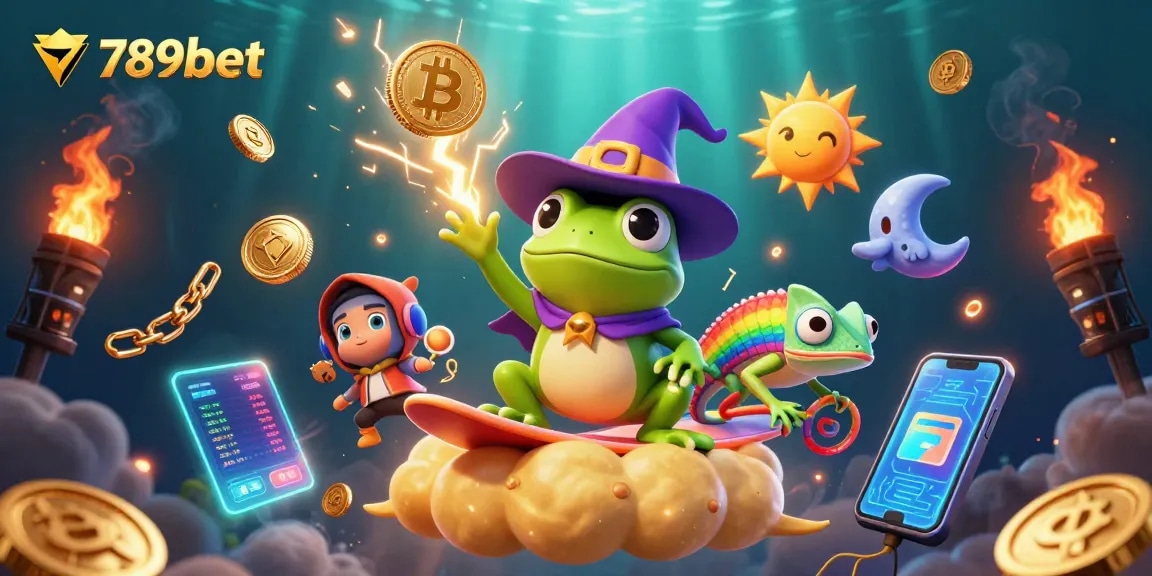 Experience the excitement of 789bet with a magical frog and chameleon amidst golden coins and crypto rewards.