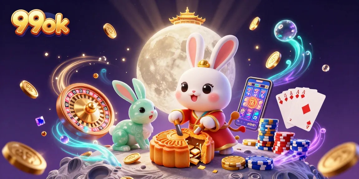 Experience big wins with 99ok, showcasing moon rabbits and poker chips amidst vibrant casino elements.