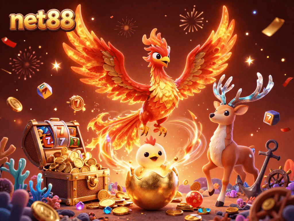 Experience the thrill of net88 as a phoenix rises amidst slot reels and festive treasures.