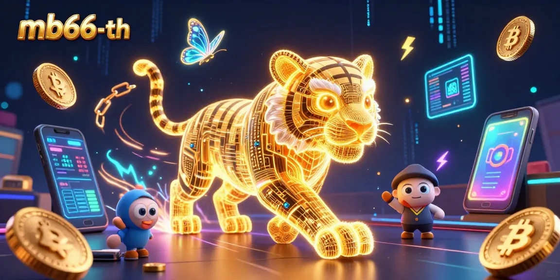Experience thrilling gaming at mb66-th with vibrant digital elements and a neon tiger.