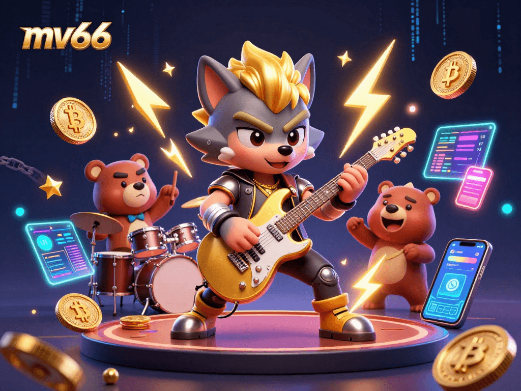 Play to win at mv66 with thrilling 3D casino action, featuring vibrant characters and crypto elements.