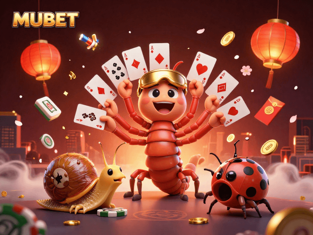 MUBET casino scene with a millipede dealer and high-roller snail amid vibrant gaming elements.