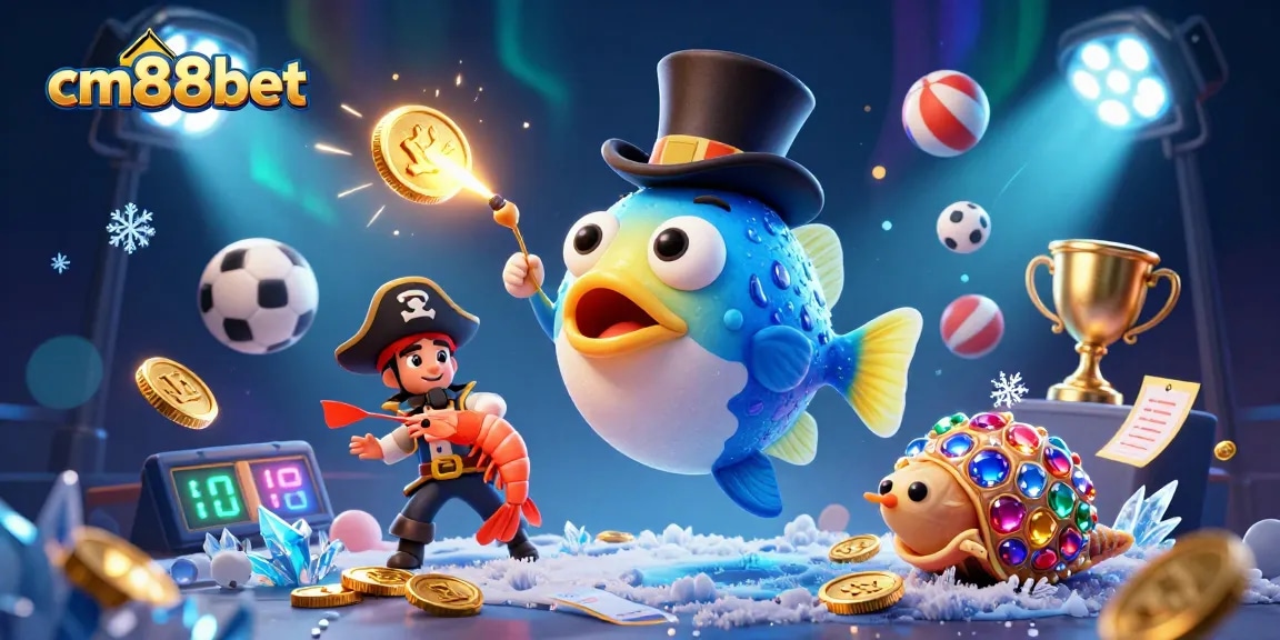 Experience winning at cm88bet with a treasure-filled scene featuring animated sea creatures and sports elements.
