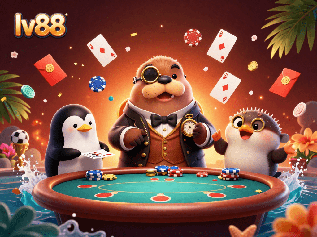 lv88 poker scene with a walrus, penguin, and pufferfish showcasing excitement in gaming