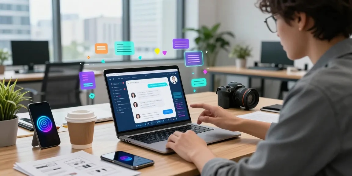 Engaging workspace scene showing juicy chat ai interaction on laptop with digital elements.