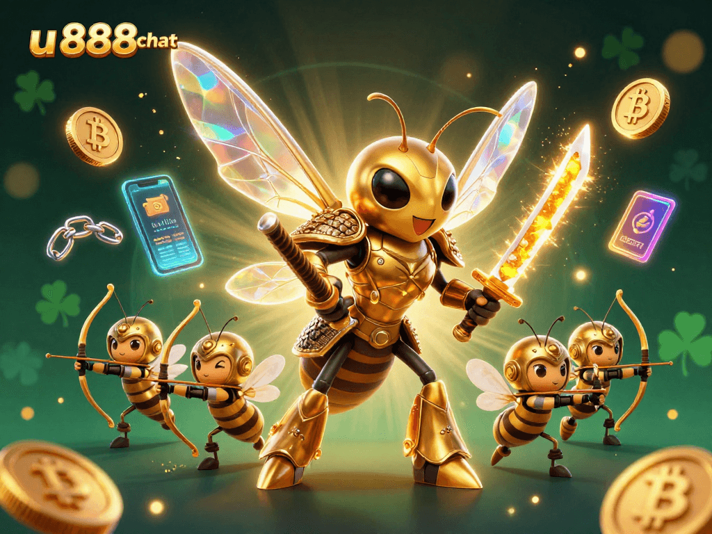 Engage with u888chat for thrilling gaming adventures in this dynamic cryptocurrency illustration.