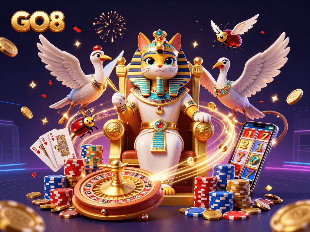 Experience thrilling gameplay at GO8 with stunning visuals of a golden throne, pharaoh cat, and vibrant casino elements.