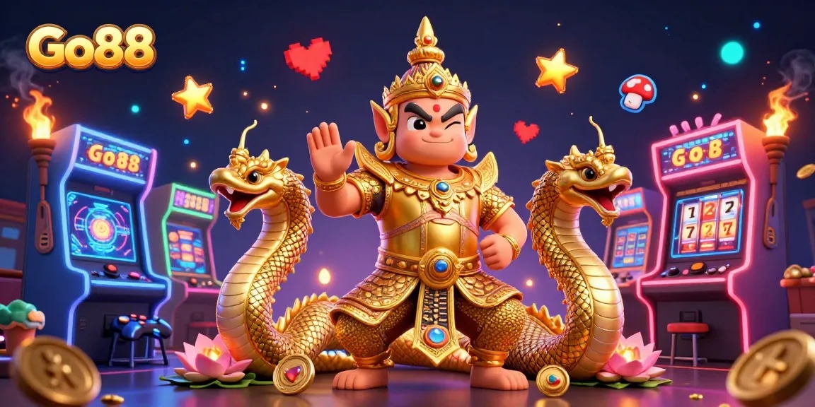 Join the excitement at Go88 with a vibrant 3D casino scene featuring Thai guardians and arcade games.