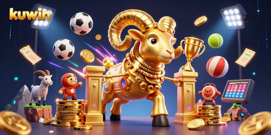 kuwin engages players with a vibrant 3D casino scene featuring a golden ram and dynamic sports elements.