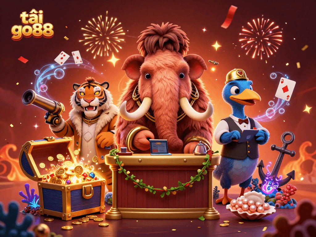 Engage in the thrill of download options with tải go88 at a lively casino scene featuring unique characters.