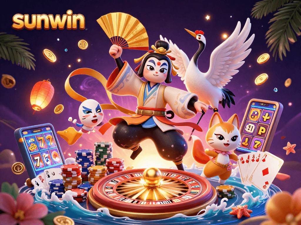 Experience the excitement of sunwin with a vibrant 3D illustration of a kabuki warrior and casino elements.