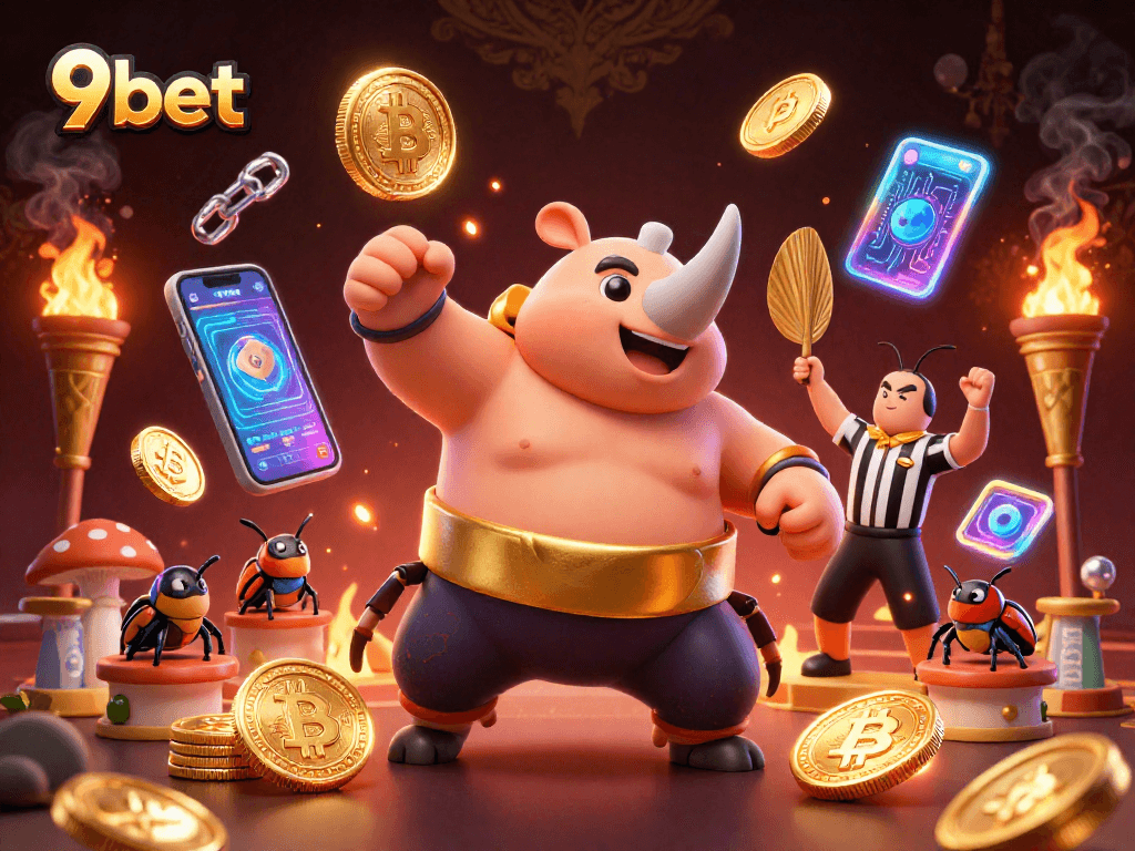 Experience the thrill of 9bet with a sumo beetle champion amidst flying coins and crypto elements.