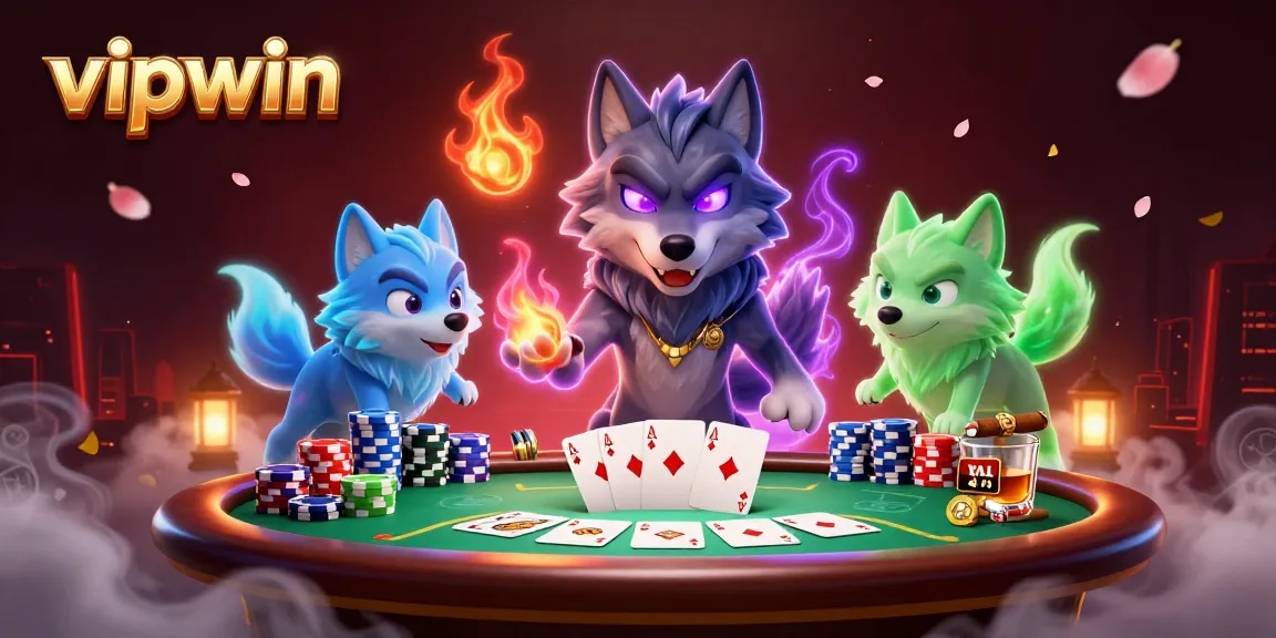 Experience thrilling poker action with vipwin, featuring iconic poker elements and spectral wolves.