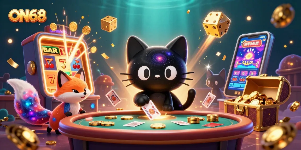 Engage in endless fun with ON68 at a cosmic casino, featuring vibrant games and whimsical characters.