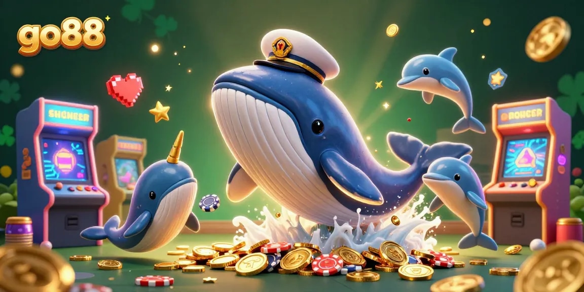 Engage in thrilling games at go88, featuring whimsical characters like a captain whale and playful dolphins with poker chips.