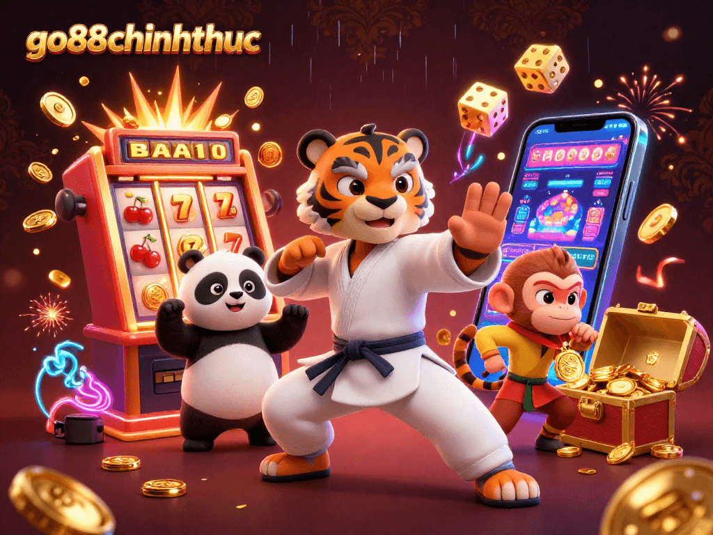 Win big with go88chinhthuc as a kung fu tiger and friends celebrate casino jackpots.