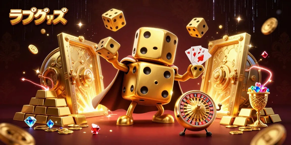 Engage with ラブグッズ as golden dice dance in a vibrant casino scene filled with treasures.