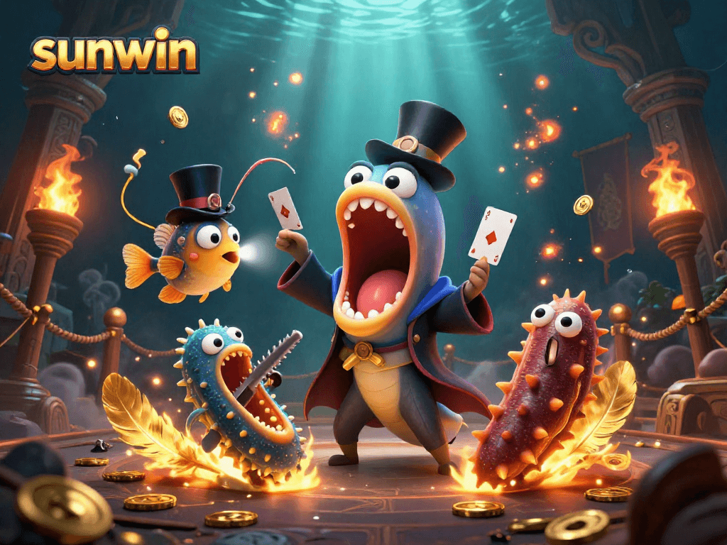 sunwin showcases a magical underwater casino scene with an eel performing tricks for a vibrant audience