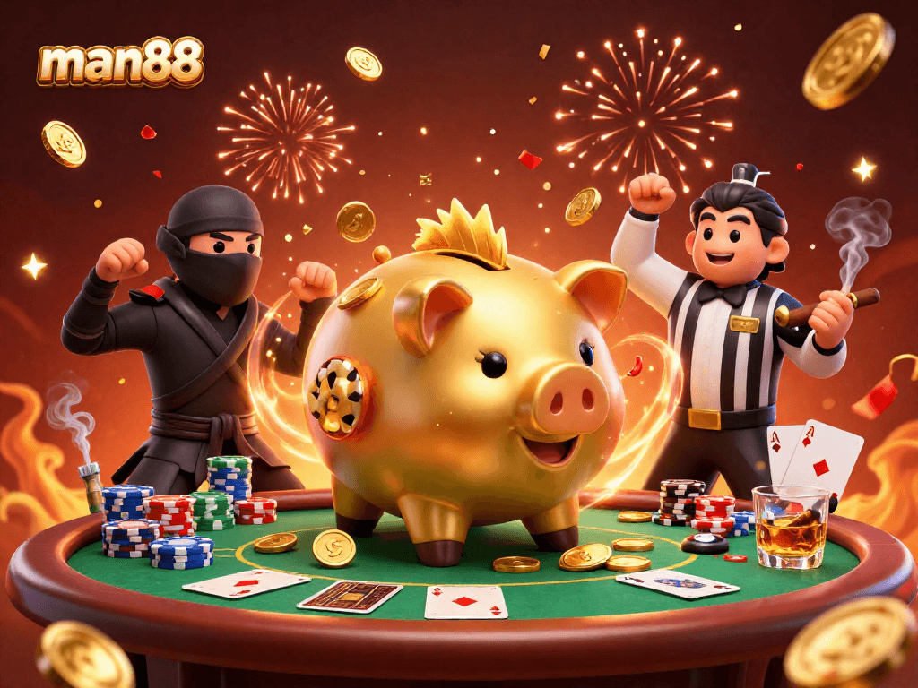 Experience thrilling action at man88 with a sumo wrestler shaking coins loose in a vibrant casino scene.
