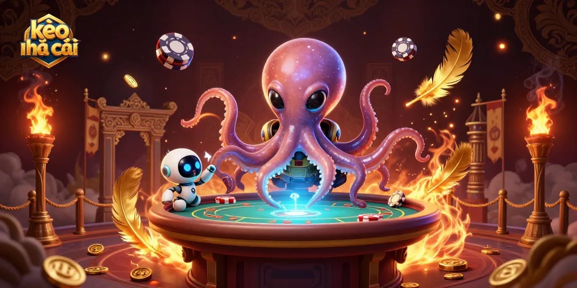Engage with kèo nhà cái in a vibrant alien casino scene featuring an octopus and robot.