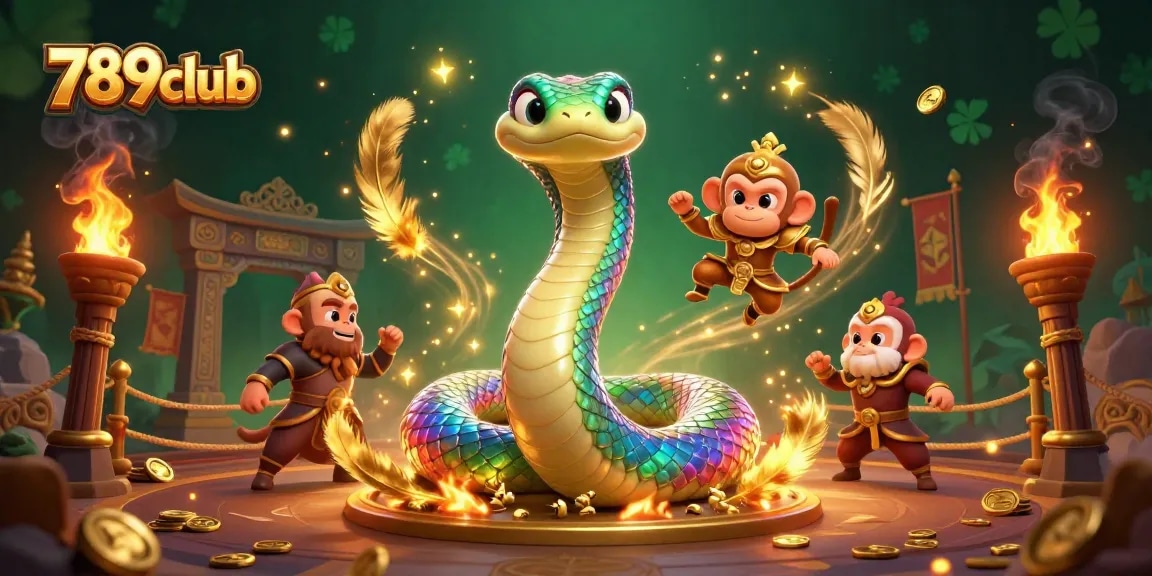 Engage with the vibrant world of 789club through this lively illustration with a rainbow serpent and monkey king.