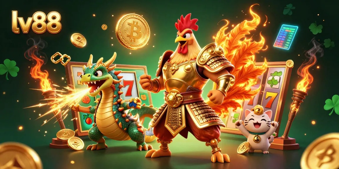 Engage with lv88's thrilling slot experience featuring a roaring dragon and warrior in a vibrant 3D scene.