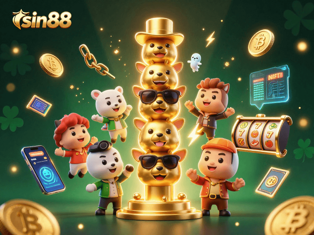 Experience winning with sin88's vibrant 3D illustration showcasing exciting casino elements.