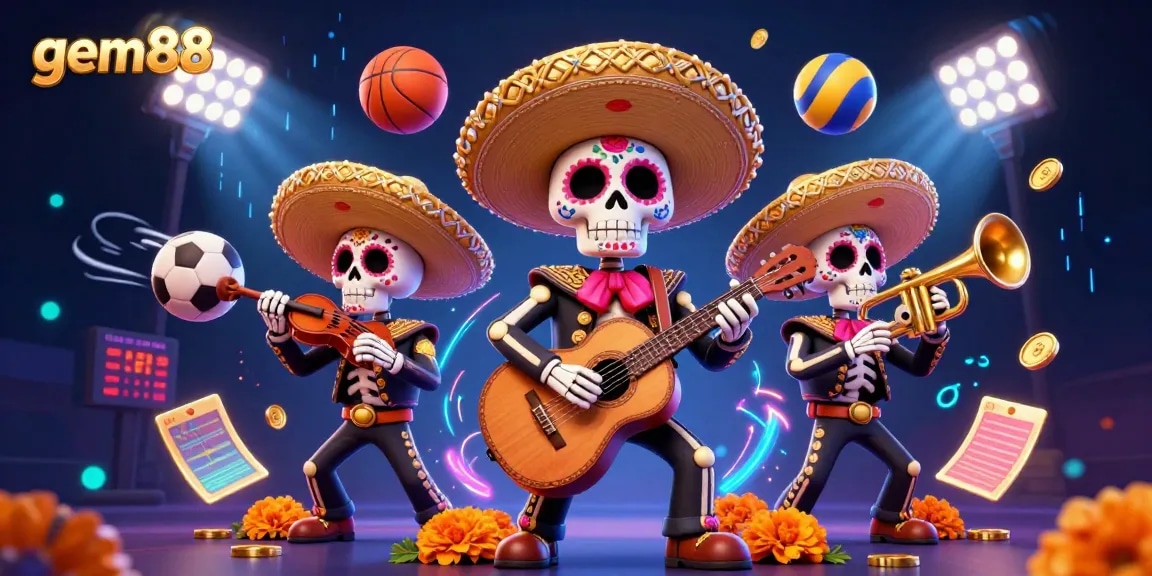 Join the excitement at gem88 with vibrant mariachi band and animated sports elements.