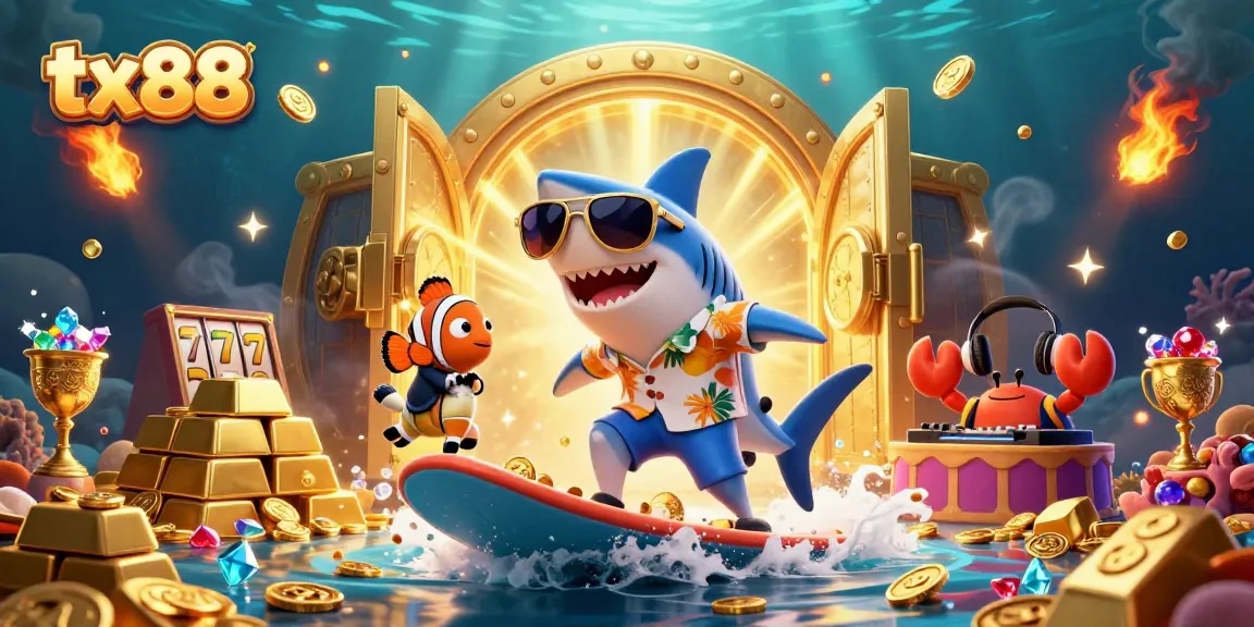 Experience thrilling gaming action with tx88, where vibrant characters surf through a sea of casino treasures.