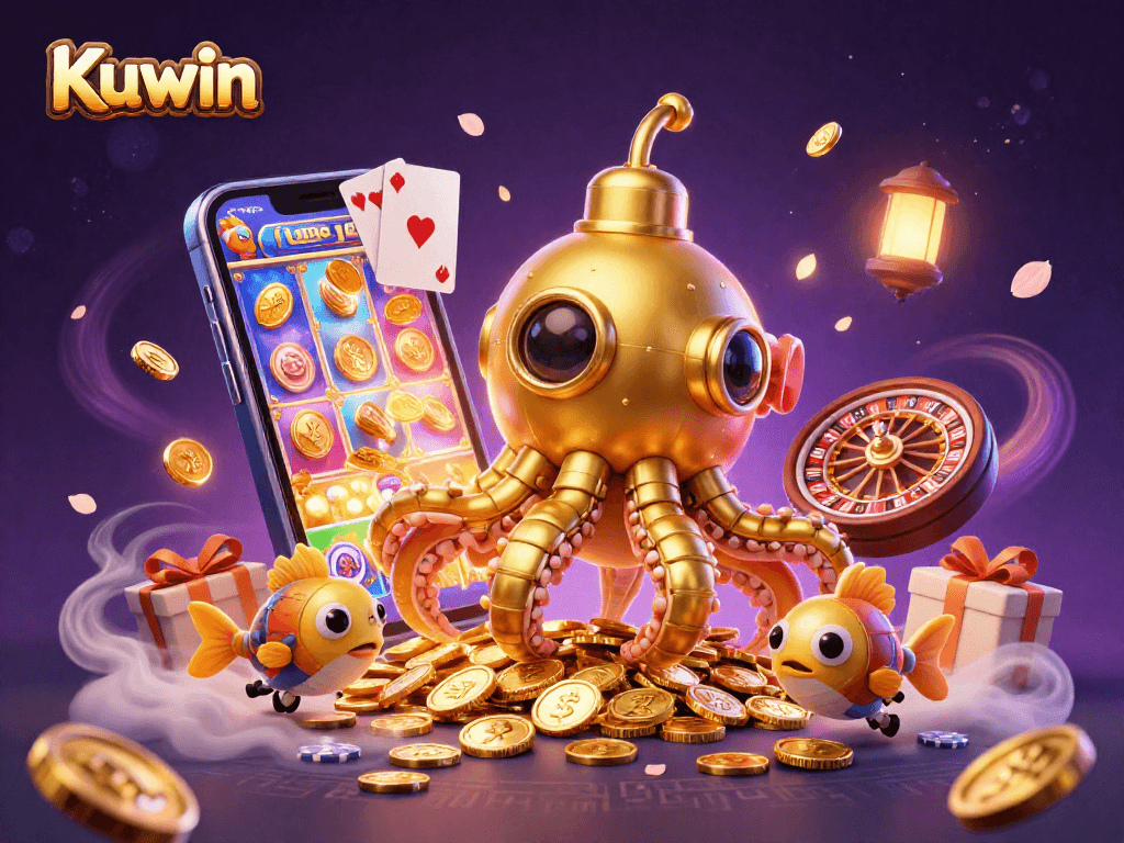 Kuwin casino showcases a vibrant underwater scene with a golden kraken submarine and mechanical fish, illustrating the excitement of online gambling.