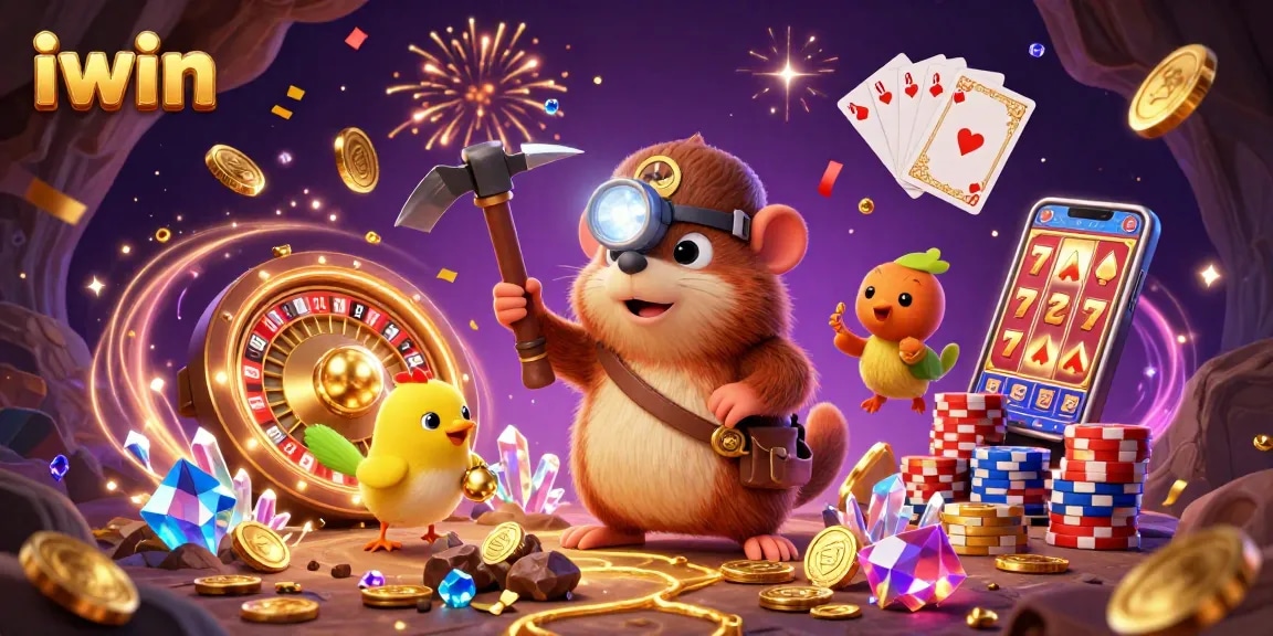 iwin showcases a vibrant 3D scene with a treasure hunter mole amidst casino excitement.