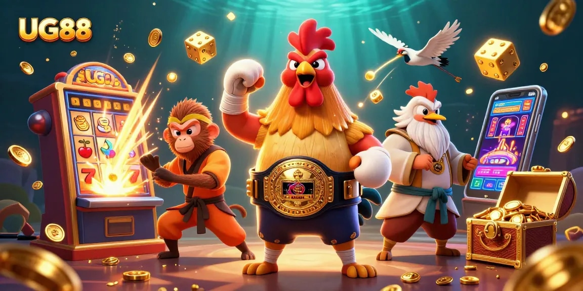 Experience the excitement of UG88 with a dynamic scene showcasing casino action and vibrant characters.