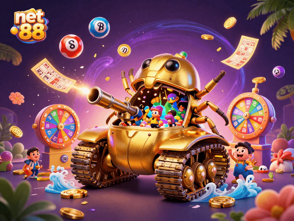 Experience thrilling gameplay at net 88 with a vibrant illustrated casino scene showcasing lottery excitement.