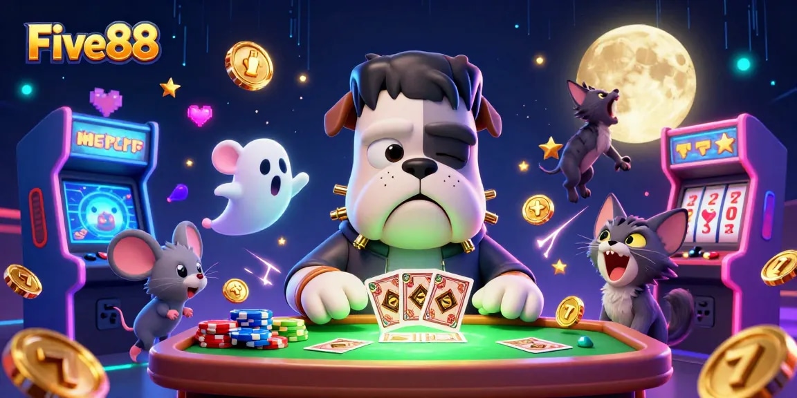 Five88 offers thrilling card games, featuring a 3D Frankenstein bulldog dealer at a haunted table.