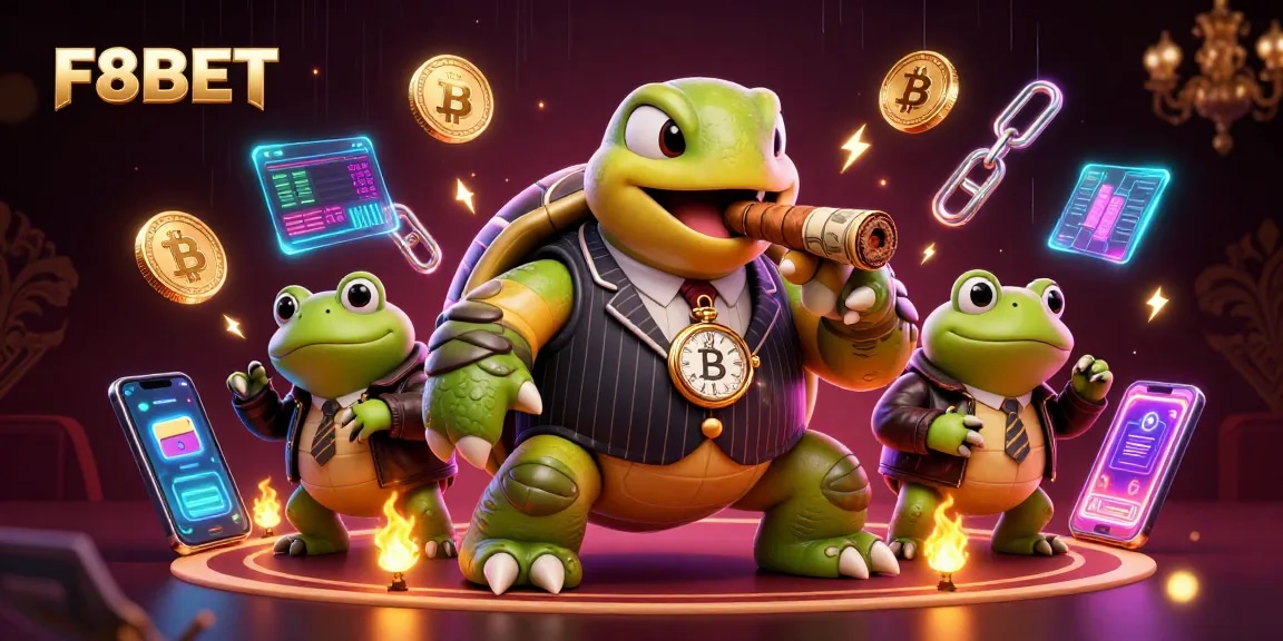 Join F8BET's casino adventure with lively characters and vibrant crypto elements in a detailed 3D illustration.