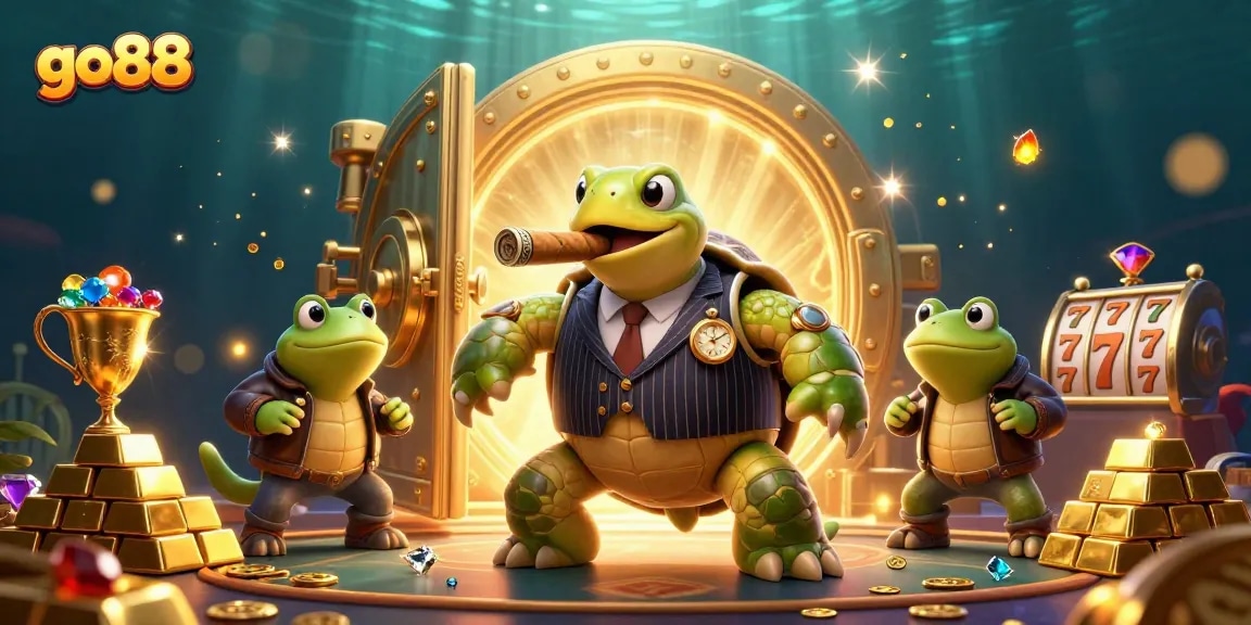 Experience the vibrant energy of go88 with this stunning casino-themed illustration featuring a turtle mobster!