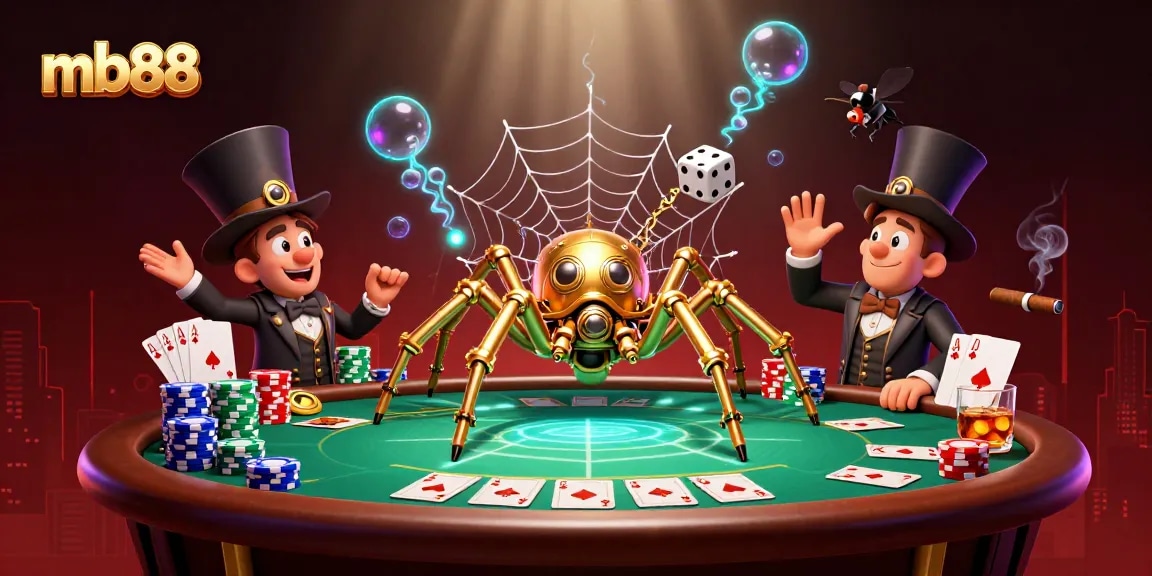 Khám phá những chiến thắng tại mb88 với hình ảnh chú nhện vàng phong cách steampunk và những quân bài poker.