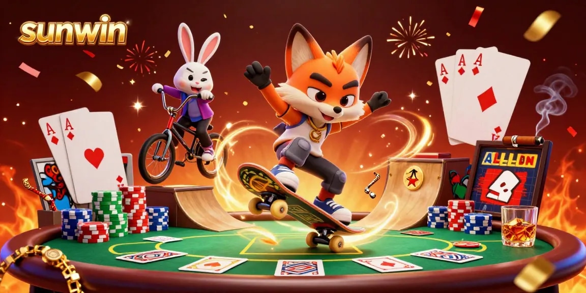 Experience excitement with sunwin’s cartoon fox and rabbit in a vibrant casino scene.