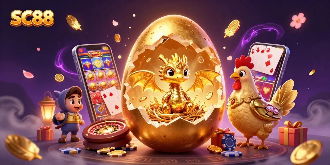 SC88 showcases a golden dragon on poker chips, revealing a vibrant casino scene.