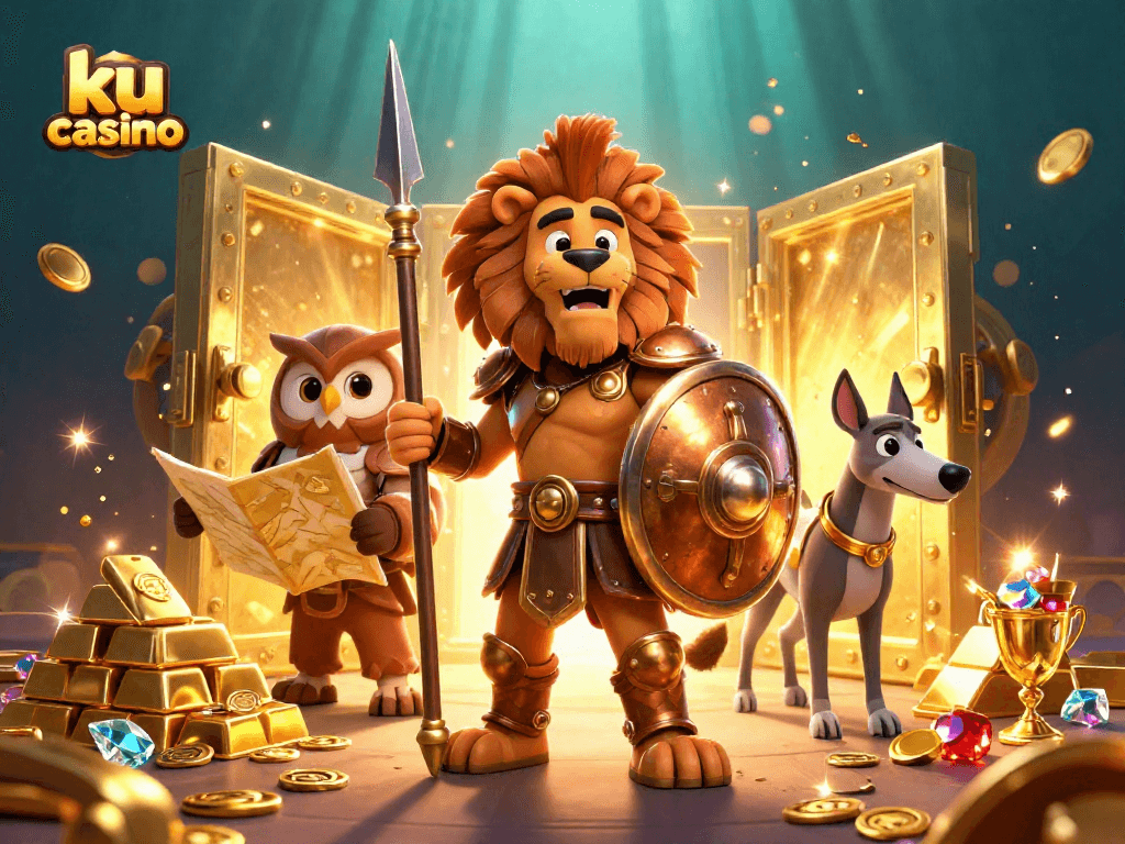 Experience excitement at ku casino with the Spartan lion, owl strategist, and greyhound messenger amidst treasures.