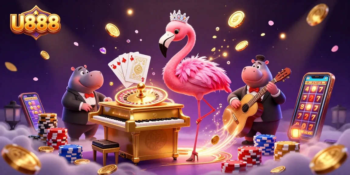 Experience the thrill of U888 with vibrant casino scenes featuring dynamic characters and games.